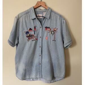 Vintage Denim Embroidered Garden Shirt, Cottagecore Button Down, 90s